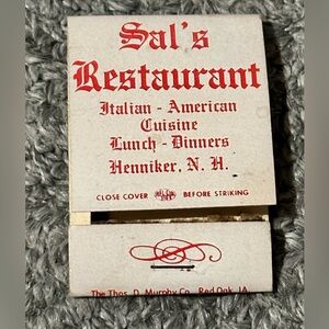 Vintage Matchbook Sals Restaurant Italian Henniker NH Hampshire USED POOR